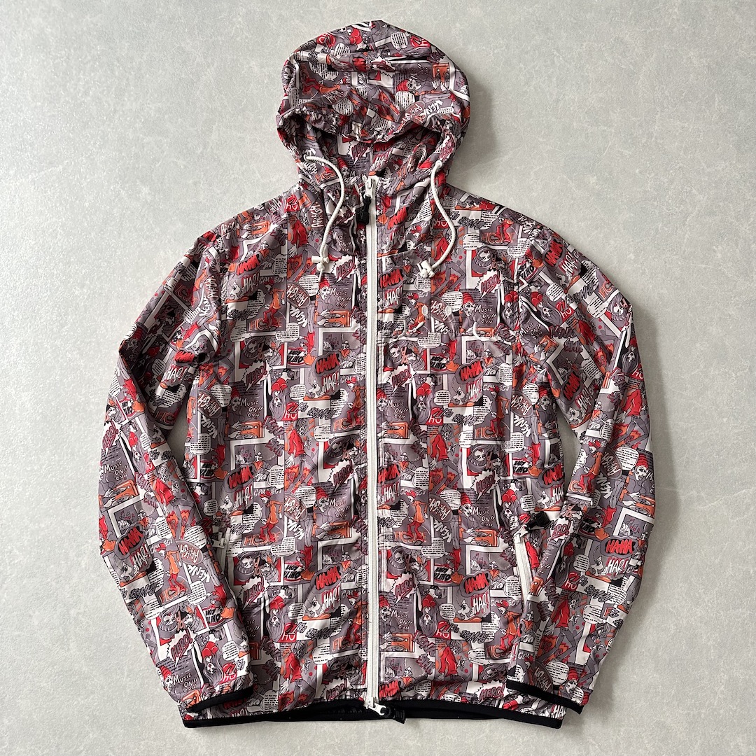 アメコミ柄ポッププリント ナイロンダブルジップパーカー 総柄 XL 古着 メンズ