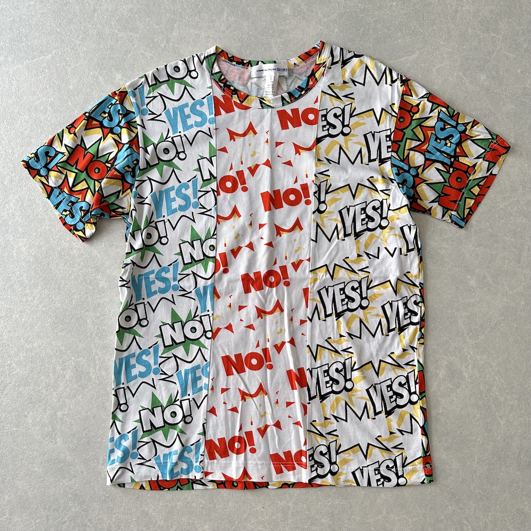 【COMME des GARCONS SHIRT】YES！NO！柄ポッププリント半袖Tシャツ 総柄 L 古着 メンズ