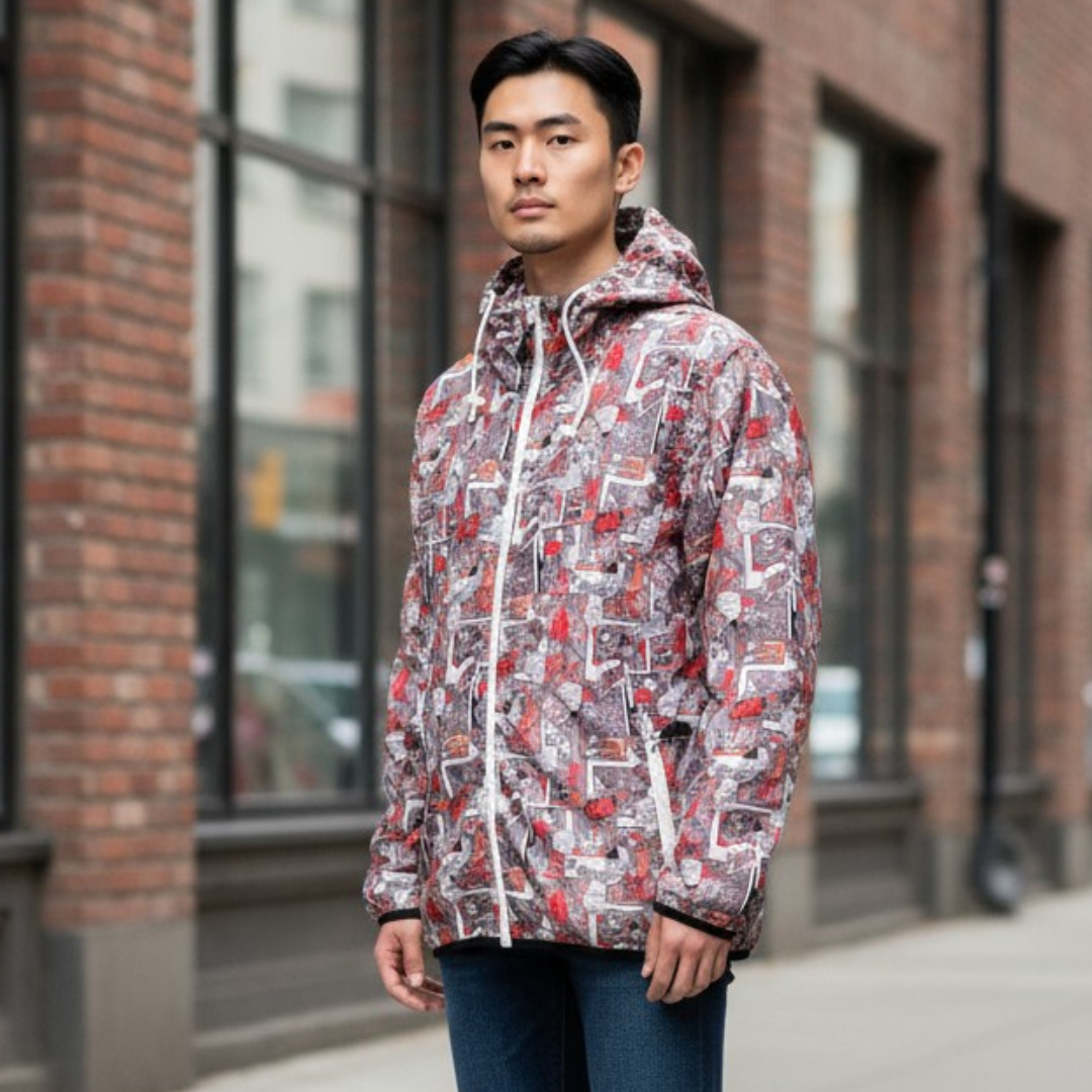 アメコミ柄ポッププリント ナイロンダブルジップパーカー 総柄 XL 古着 メンズ