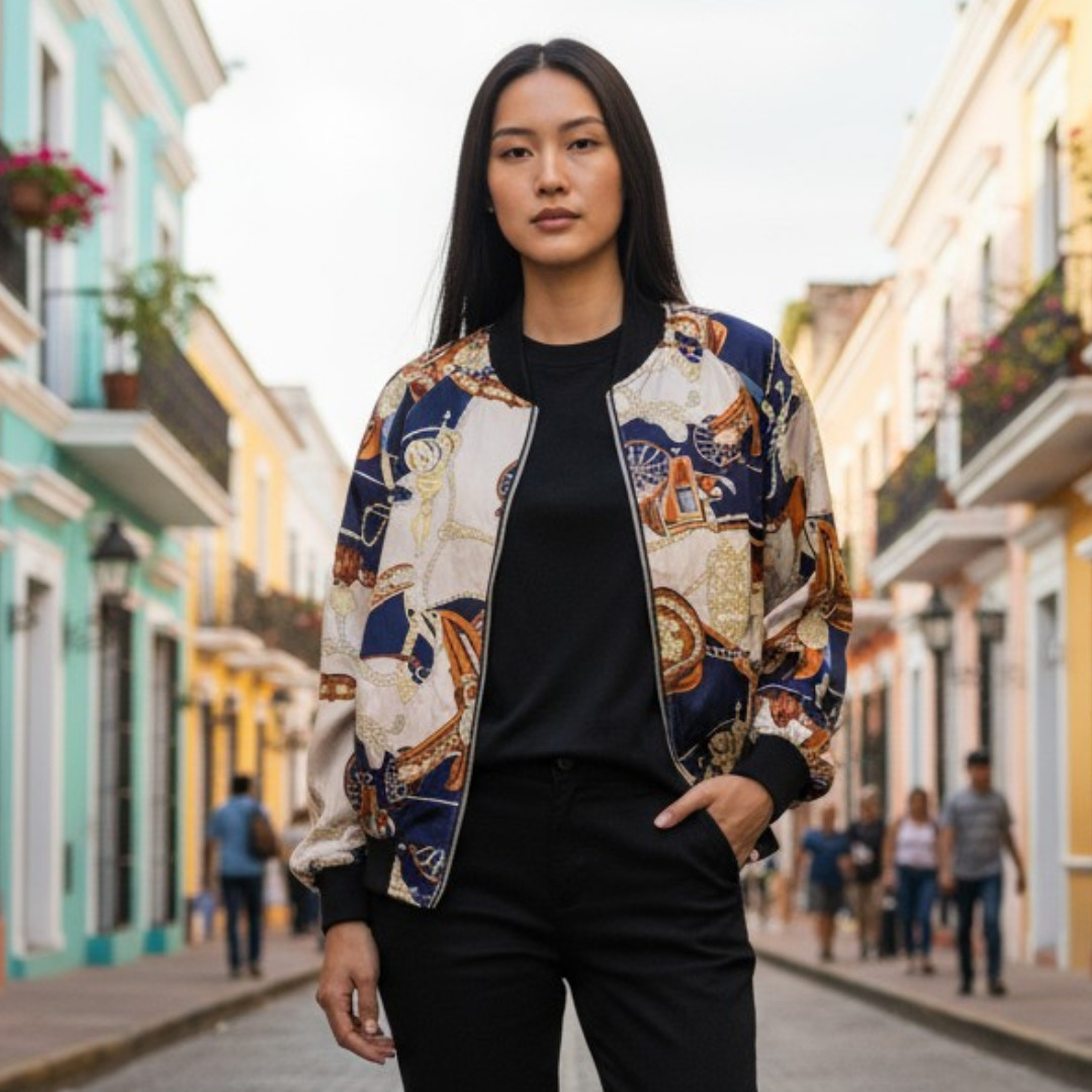 リバーシブル総柄ナイロンブルゾン 総柄 L 古着 レディース