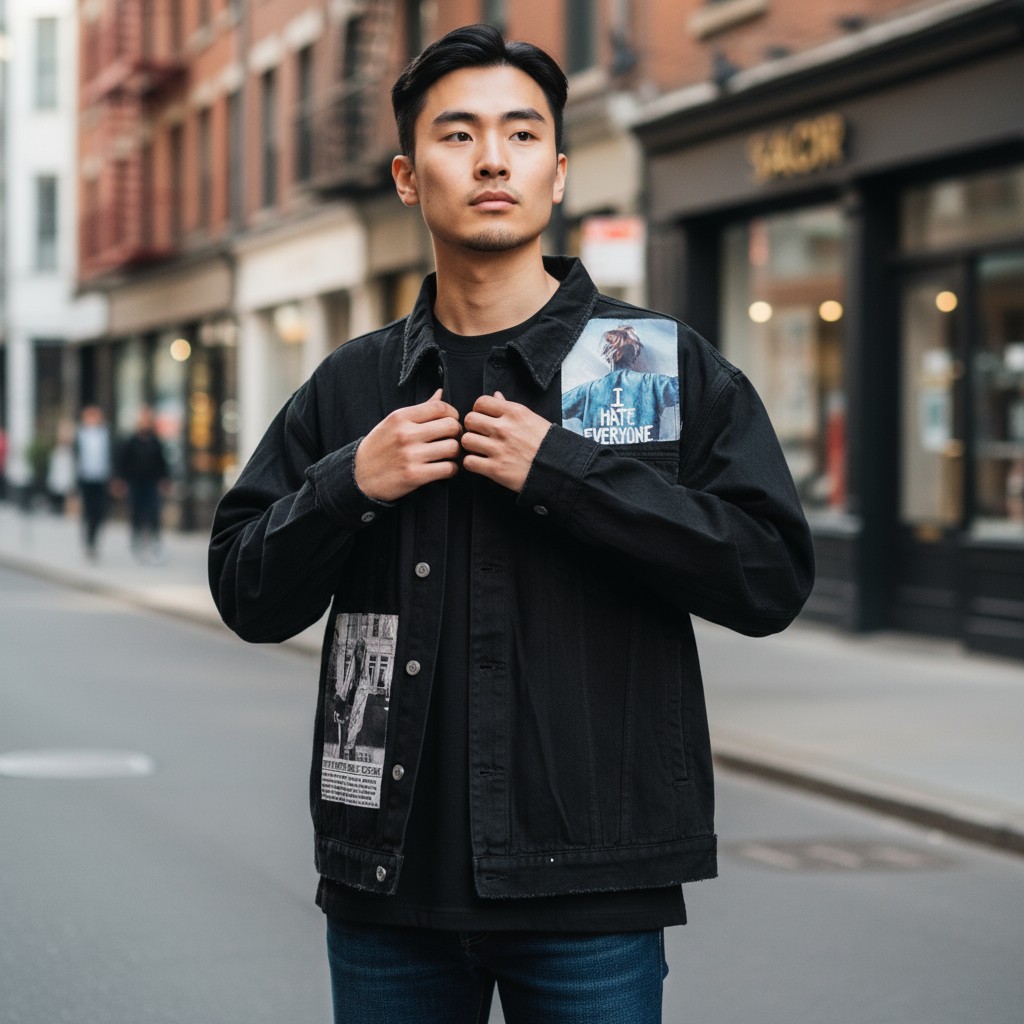 フォトプリントブラックデニムジャケット ブラック F 古着 メンズ